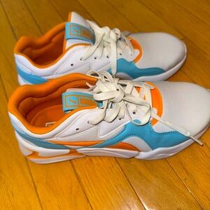 Puma white sneakers with blue & orange detailing. Hardly been worn!